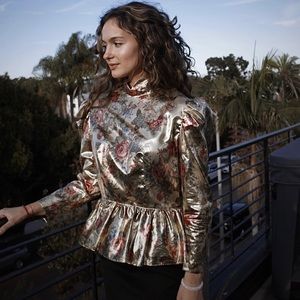 Antique Vintage Metallic Foil Peplum Blouse with Floral Print